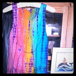 SOLD!! Vintage cotton gauze tie dyed rainbow midi dress!